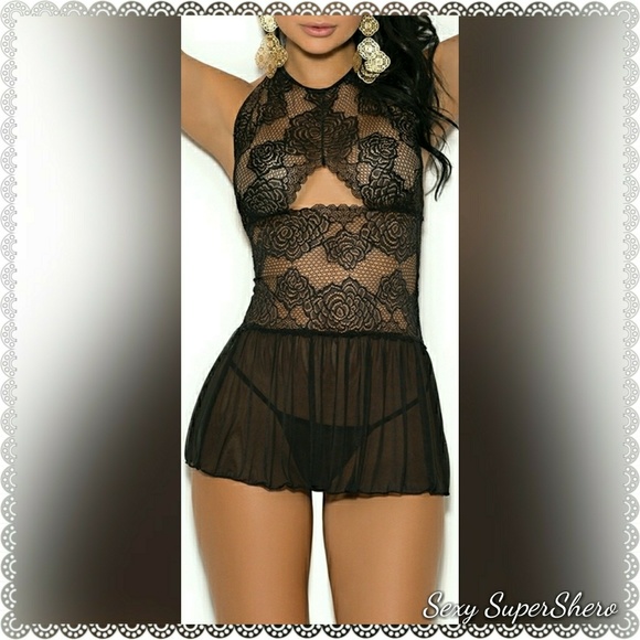 SALE! 🆕RESTOCKED! Genevie Lace Keyhole Babydoll Mesh Lingerie Set - Picture 1 of 8
